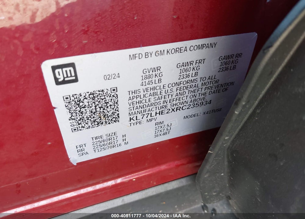 2024 CHEVROLET TRAX FWD LT VIN: KL77LHE2XRC235934