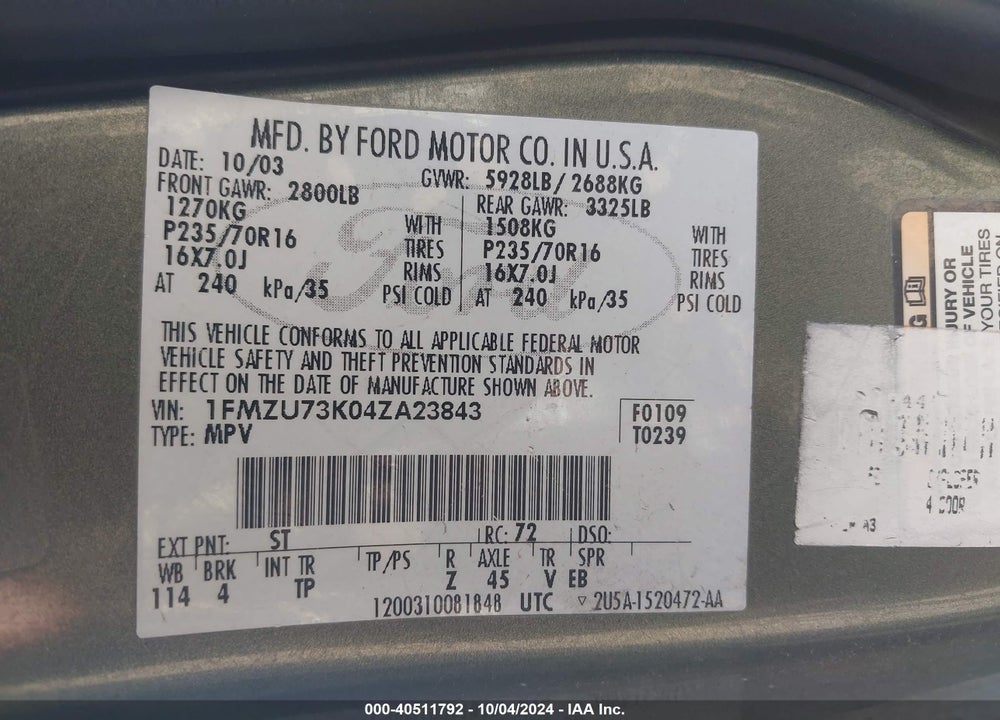 2004 FORD EXPLORER NBX/XLT VIN: 1FMZU73K04ZA23843