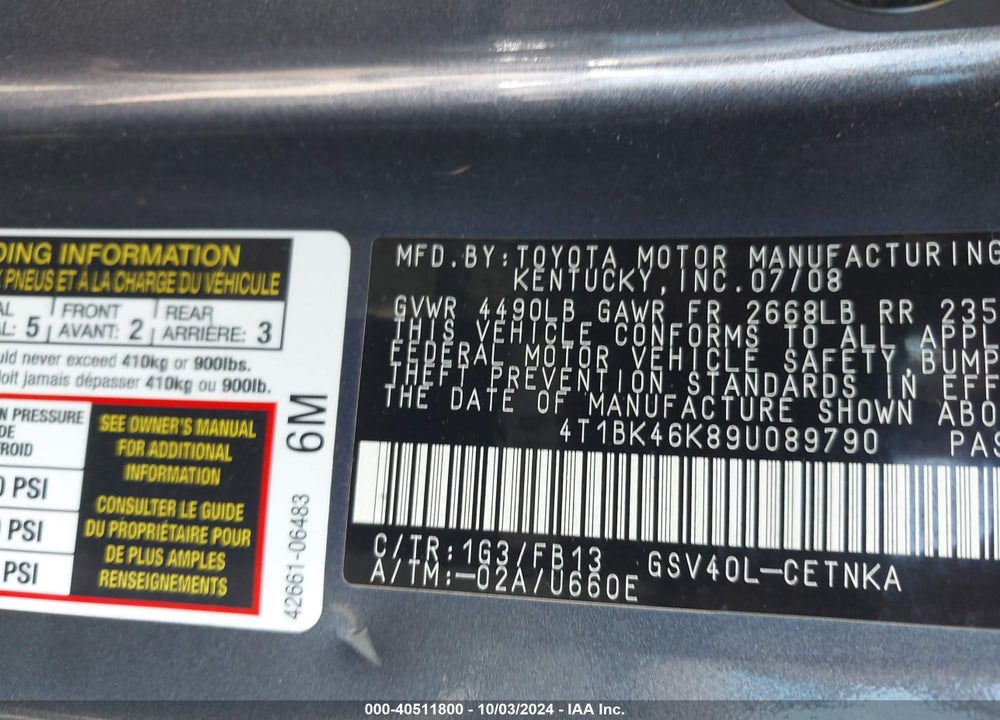 2009 TOYOTA CAMRY LE V6 VIN: 4T1BK46K89U089790