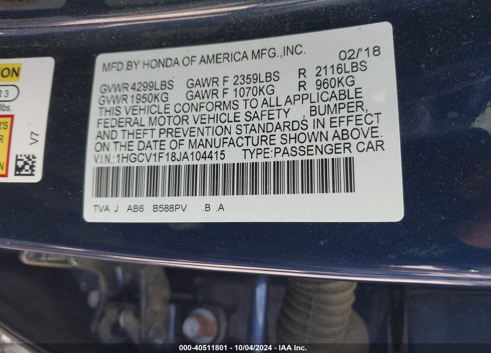 2018 HONDA ACCORD LX VIN: 1HGCV1F18JA104415