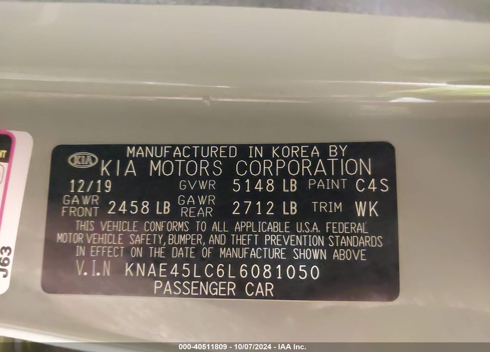 2020 KIA STINGER GT1 VIN: KNAE45LC6L6081050