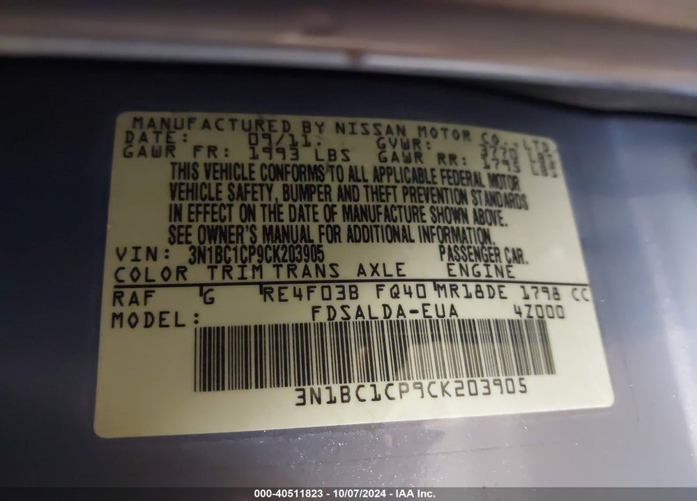 2012 NISSAN VERSA 1.8 S VIN: 3N1BC1CP9CK203905
