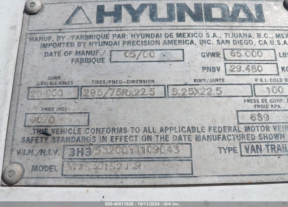 2000 HYUNDAI TRANSLEAD INC --- VIN: 3H3V532C0YT109043