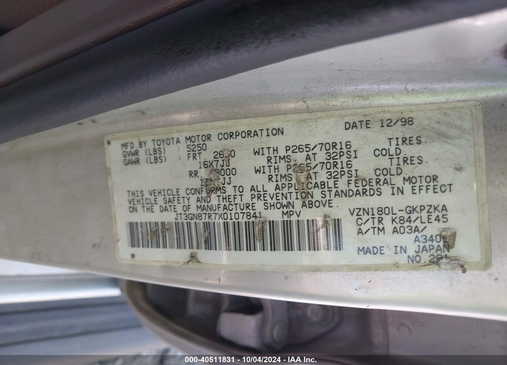 1999 TOYOTA 4RUNNER LIMITED V6 VIN: JT3GN87R7X0107841