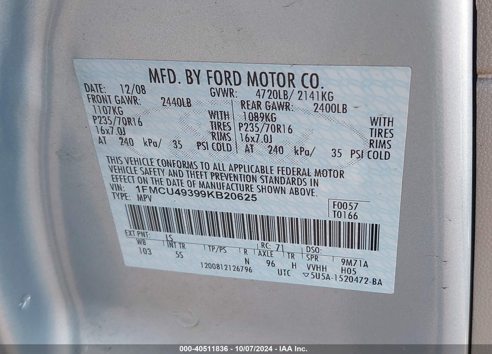 2009 FORD ESCAPE HYBRID LIMITED VIN: 1FMCU49399KB20625