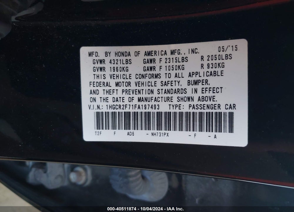 2015 HONDA ACCORD EX VIN: 1HGCR2F71FA197493