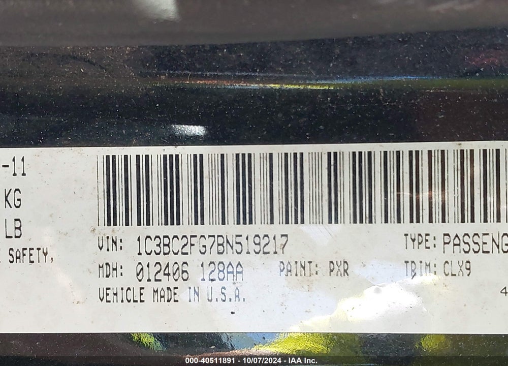 2011 CHRYSLER 200 VIN: 1C3BC2FG7BN519217