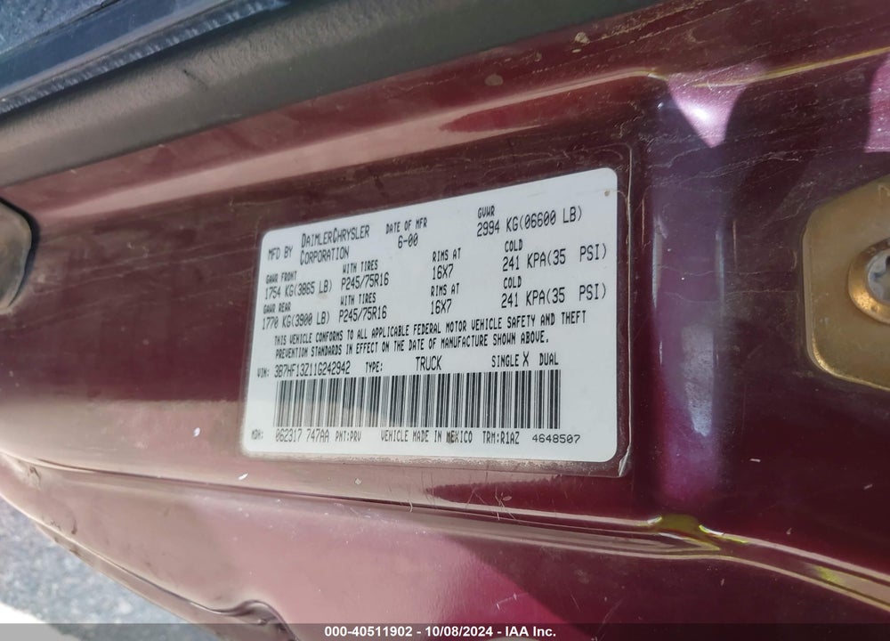 2001 DODGE RAM 1500 ST VIN: 3B7HF13Z11G242942