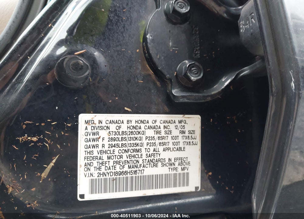 2006 ACURA MDX VIN: 2HNYD18966H516717