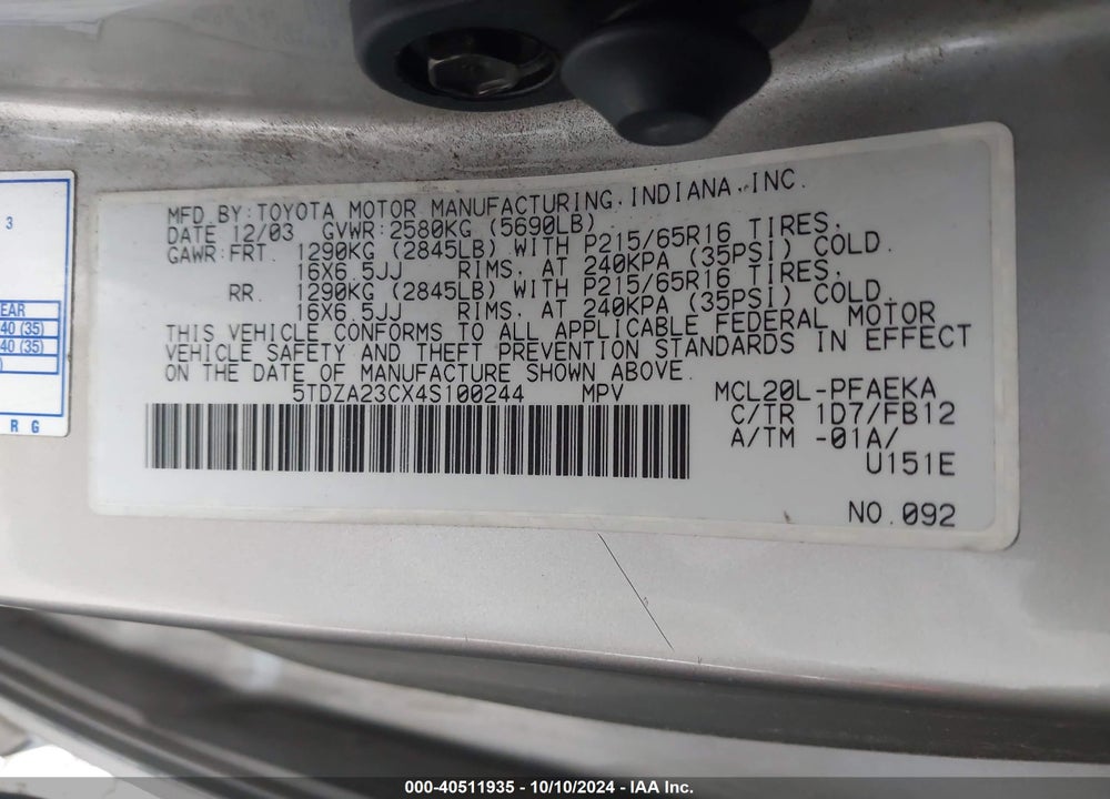 2004 TOYOTA SIENNA LE VIN: 5TDZA23CX4S100244