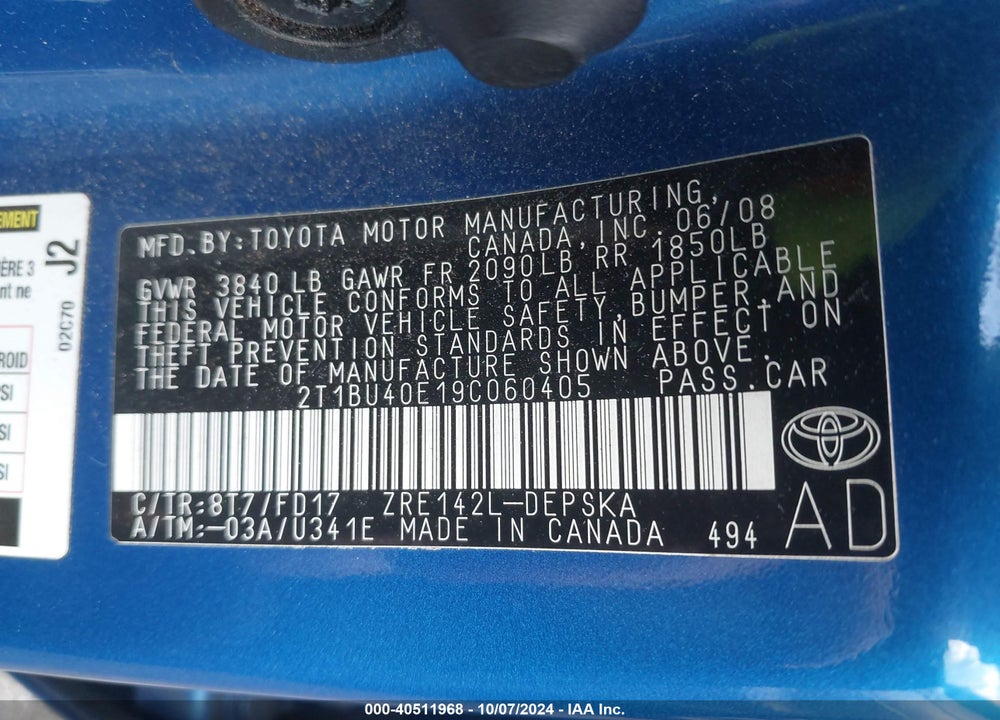 2009 TOYOTA COROLLA S VIN: 2T1BU40E19C060405