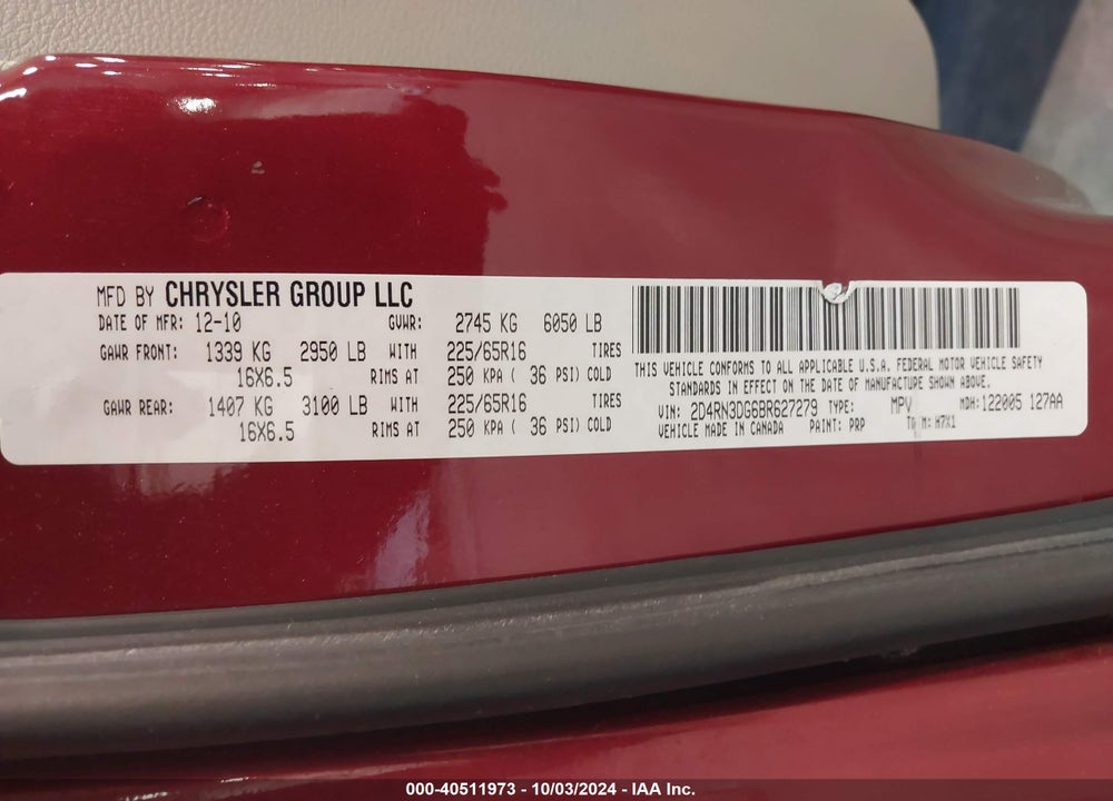 2011 DODGE GRAND CARAVAN MAINSTREET VIN: 2D4RN3DG6BR627279