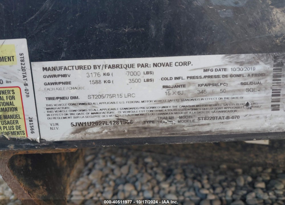 2020 SURE-TRAC TRAILER VIN: 5JW1U2027L1281566