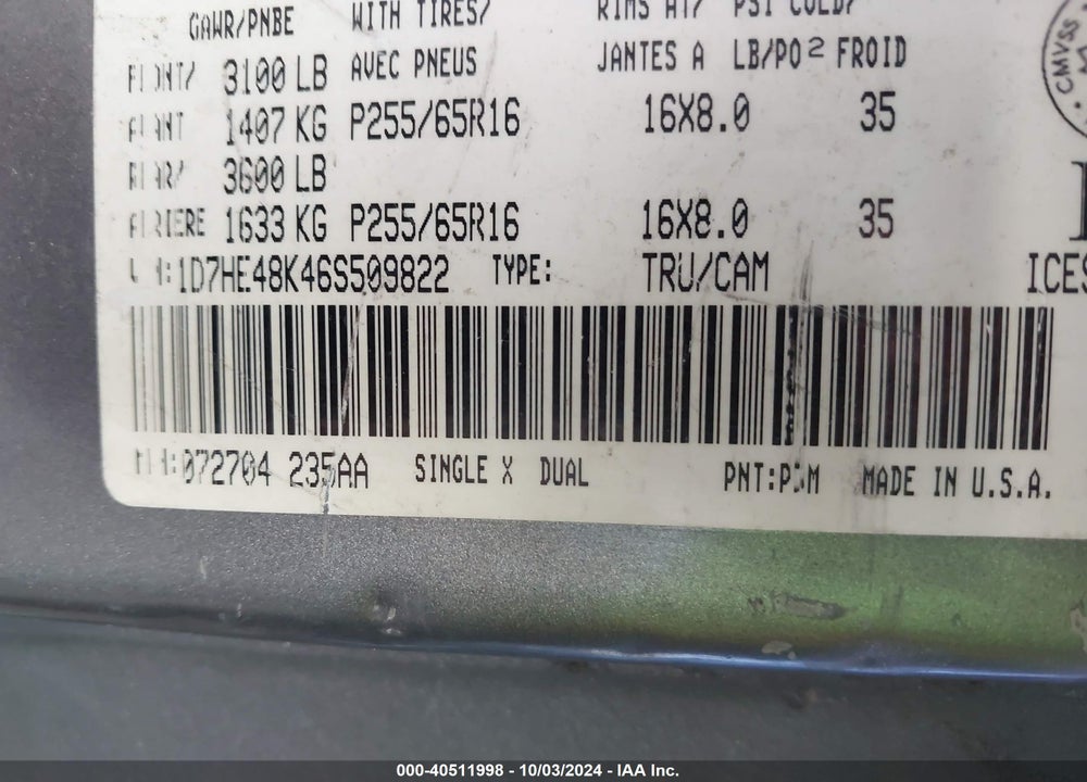 2006 DODGE DAKOTA SLT VIN: 1D7HE48K46S509822