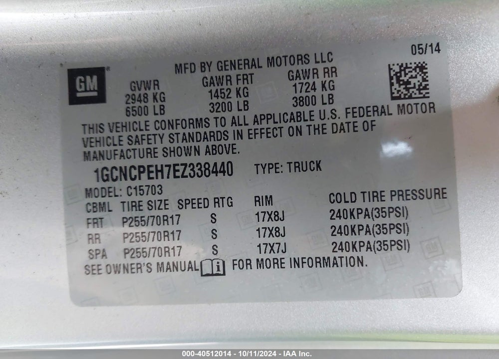 2014 CHEVROLET SILVERADO 1500 WORK TRUCK 1WT VIN: 1GCNCPEH7EZ338440
