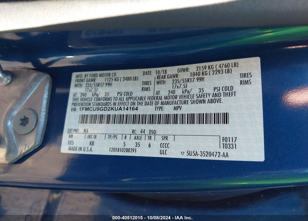 2019 FORD ESCAPE SE VIN: 1FMCU9GD2KUA14164