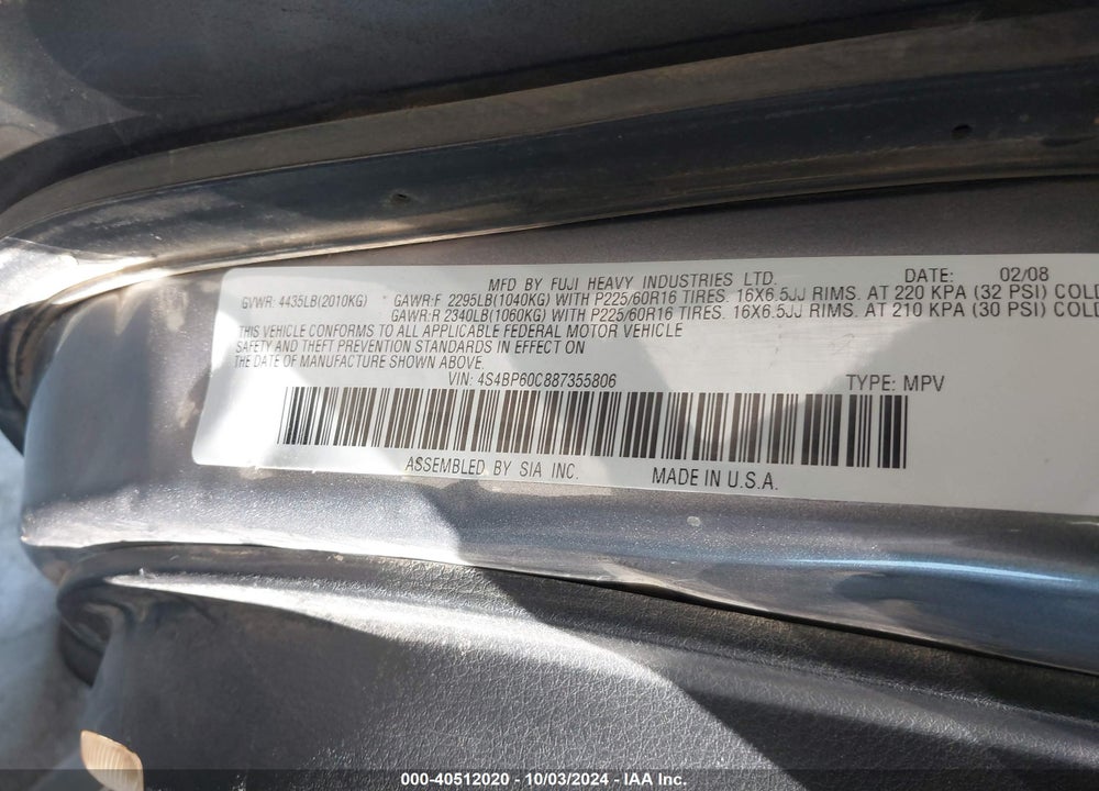2008 SUBARU OUTBACK VIN: 4S4BP60C887355806