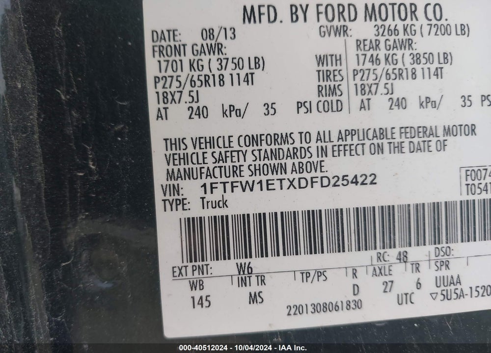 2013 FORD F-150 XLT VIN: 1FTFW1ETXDFD25422
