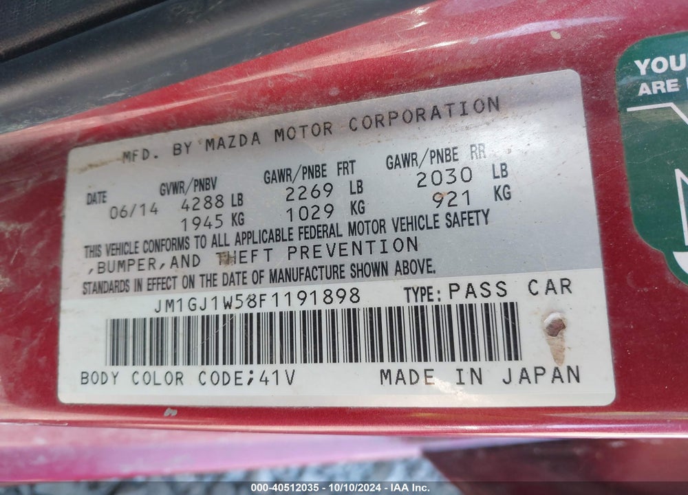2015 MAZDA 6 VIN: JM1GJ1W58F1191898