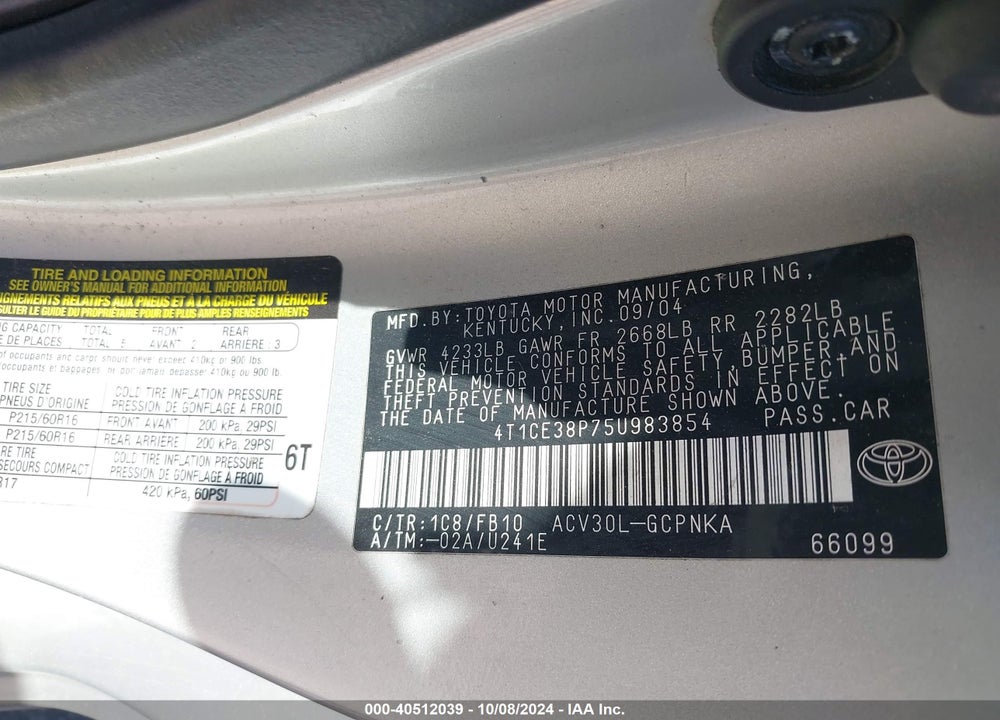 2005 TOYOTA CAMRY SOLARA SE VIN: 4T1CE38P75U983854