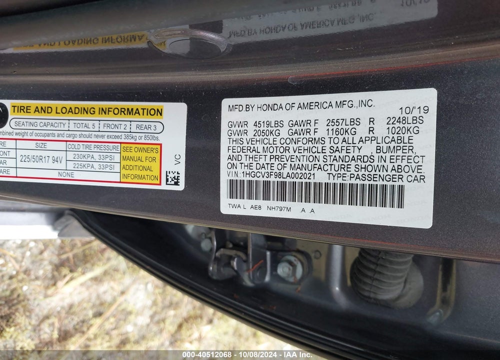2020 HONDA ACCORD HYBRID TOURING VIN: 1HGCV3F98LA002021