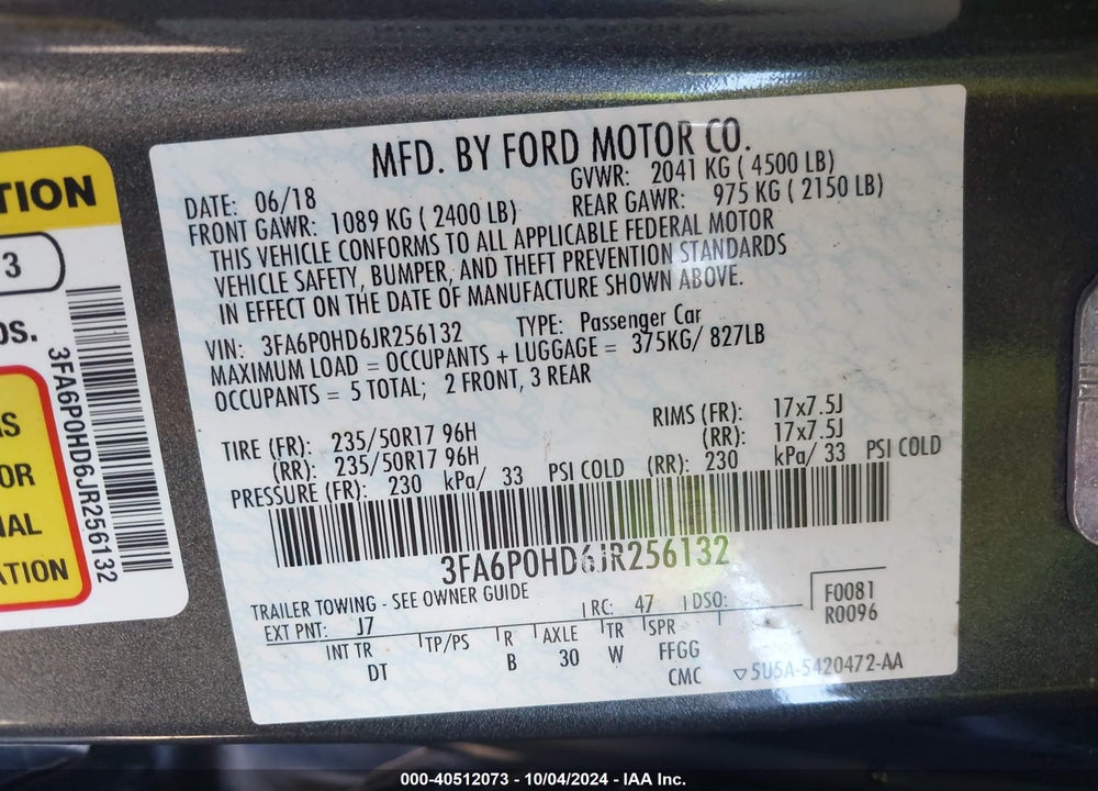 2018 FORD FUSION SE VIN: 3FA6P0HD6JR256132