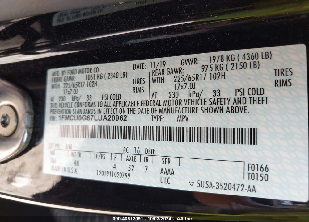 2020 FORD ESCAPE SE VIN: 1FMCU0G67LUA20962