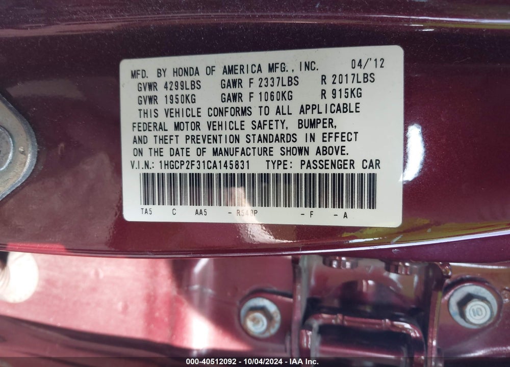 2012 HONDA ACCORD 2.4 LX VIN: 1HGCP2F31CA145831