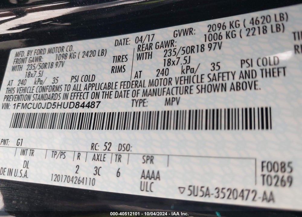 2017 FORD ESCAPE TITANIUM VIN: 1FMCU0JD5HUD84487