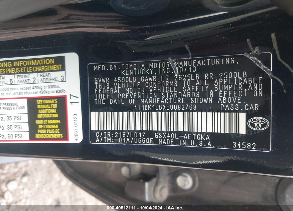 2014 TOYOTA AVALON XLE VIN: 4T1BK1EBXEU082768