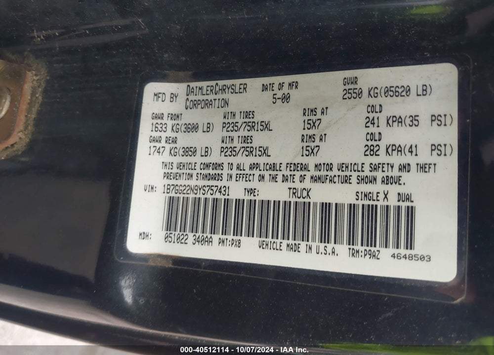 2000 DODGE DAKOTA SLT/SPORT VIN: 1B7GG22N9YS757431