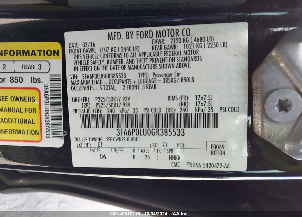 2016 FORD FUSION HYBRID SE VIN: 3FA6P0LU0GR385533