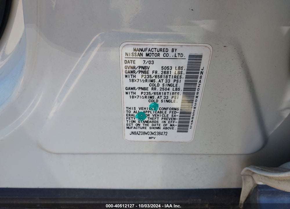 2003 NISSAN MURANO SL VIN: JN8AZ08W03W238472
