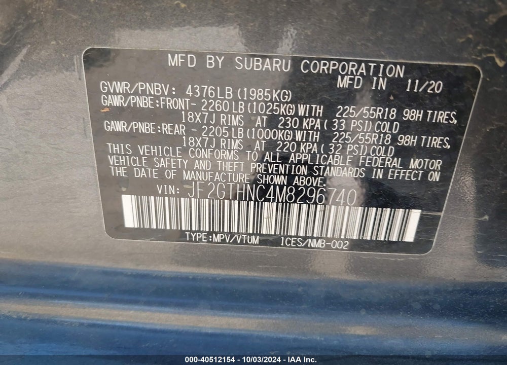 2021 SUBARU CROSSTREK LIMITED VIN: JF2GTHNC4M8296740