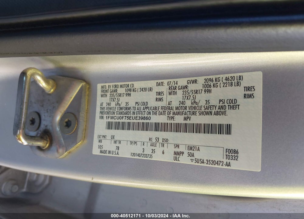 2014 FORD ESCAPE S VIN: 1FMCU0F75EUE39860