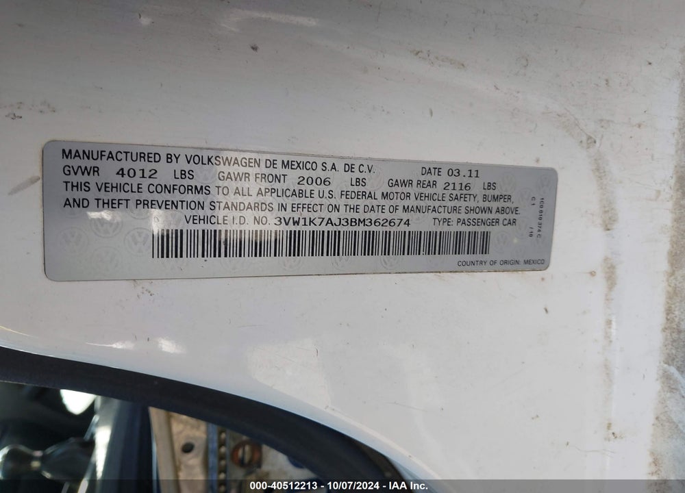 2011 VOLKSWAGEN JETTA 2.0L S VIN: 3VW1K7AJ3BM362674