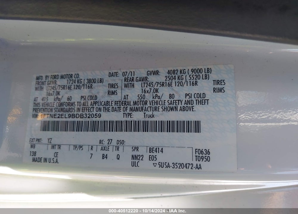 2011 FORD E-250 COMMERCIAL VIN: 1FTNE2EL9BDB32059