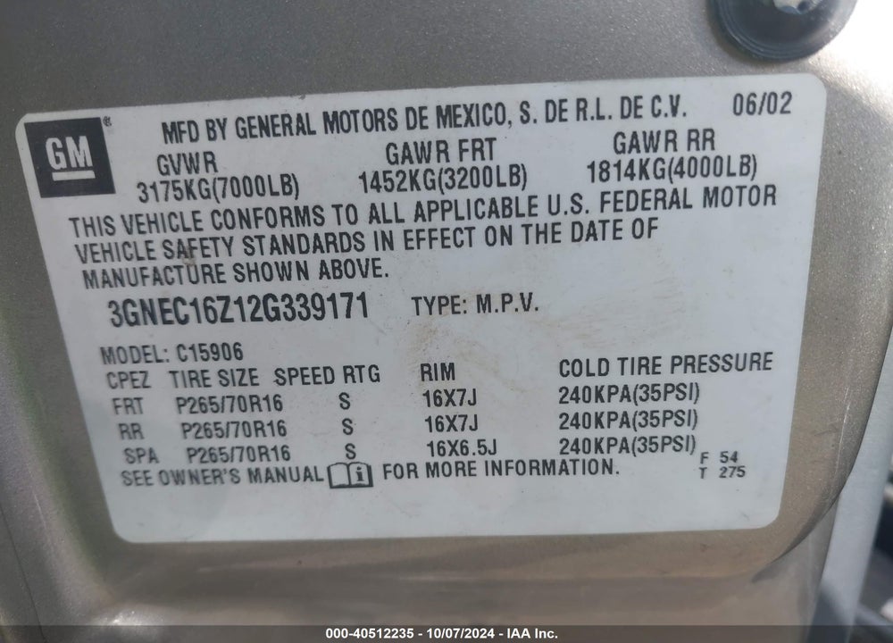 2002 CHEVROLET SUBURBAN 1500 LS VIN: 3GNEC16Z12G339171