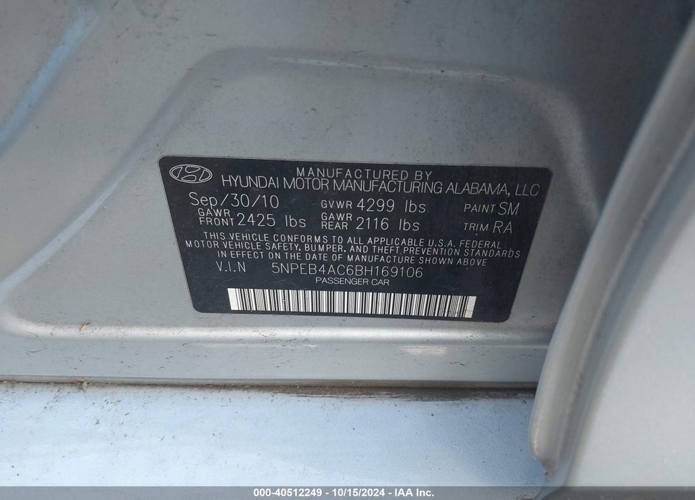 2011 HYUNDAI SONATA GLS VIN: 5NPEB4AC6BH169106