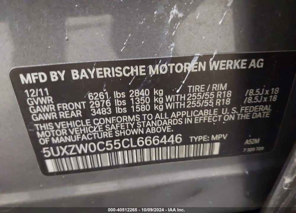 2012 BMW X5 XDRIVE35D VIN: 5UXZW0C55CL666446
