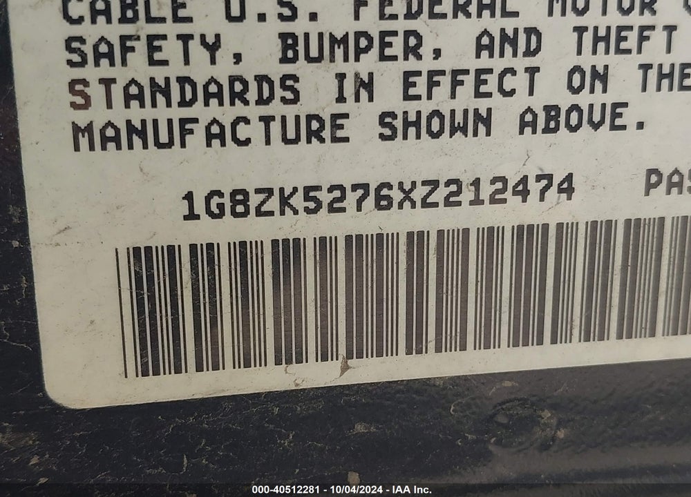 1999 SATURN SL2 VIN: 1G8ZK5276XZ212474