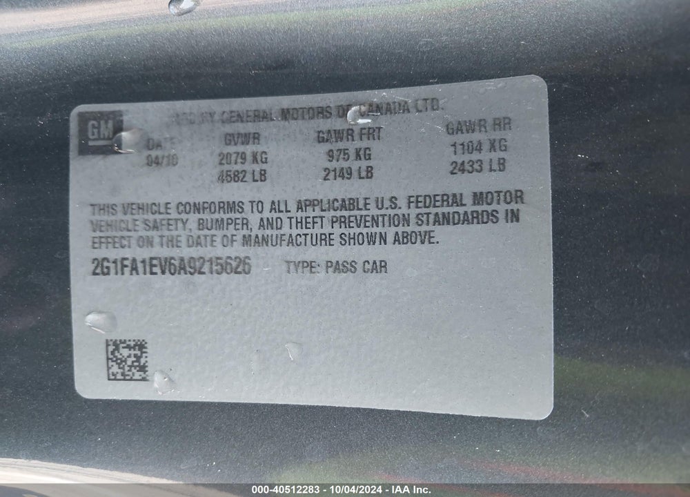 2010 CHEVROLET CAMARO 1LS VIN: 2G1FA1EV6A9215626