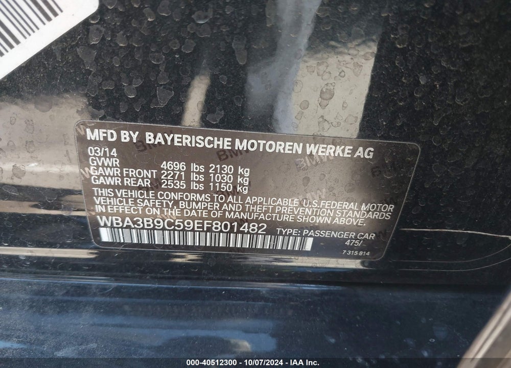2014 BMW 335I XDRIVE VIN: WBA3B9C59EF801482