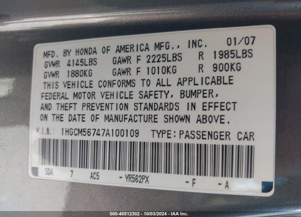 2007 HONDA ACCORD 2.4 EX VIN: 1HGCM56747A100109