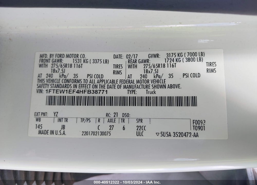 2017 FORD F-150 XLT VIN: 1FTEW1EF4HFB38771
