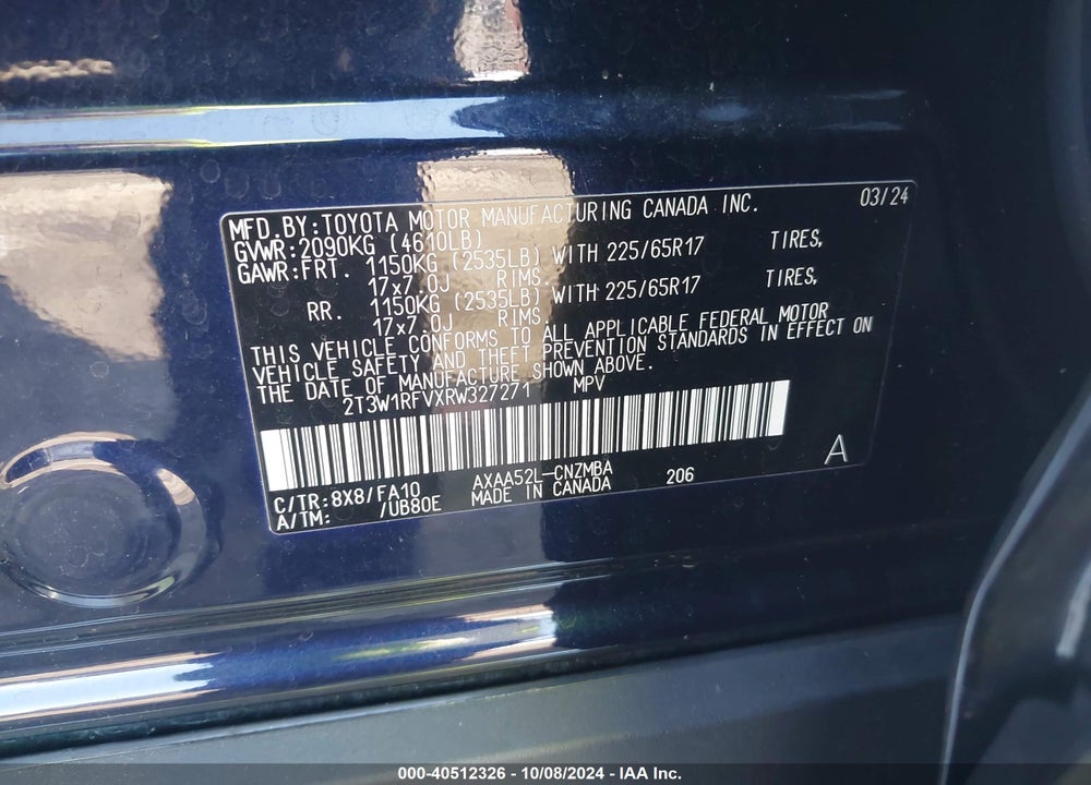 2024 TOYOTA RAV4 XLE VIN: 2T3W1RFVXRW327271