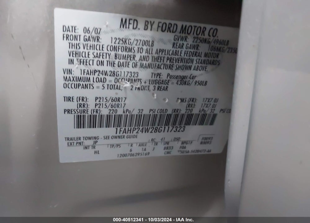 2008 FORD TAURUS SEL VIN: 1FAHP24W28G117323