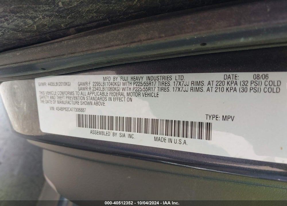 2007 SUBARU OUTBACK 2.5I LIMITED VIN: 4S4BP62C477306887