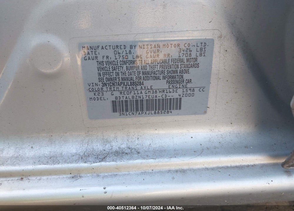 2018 NISSAN VERSA 1.6 SV VIN: 3N1CN7APXJL885284