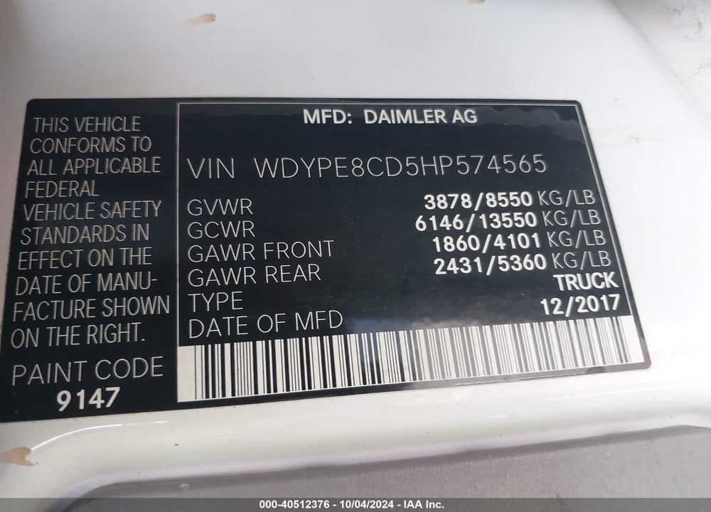 2017 FREIGHTLINER SPRINTER 2500 HIGH ROOF V6 VIN: WDYPE8CD5HP574565